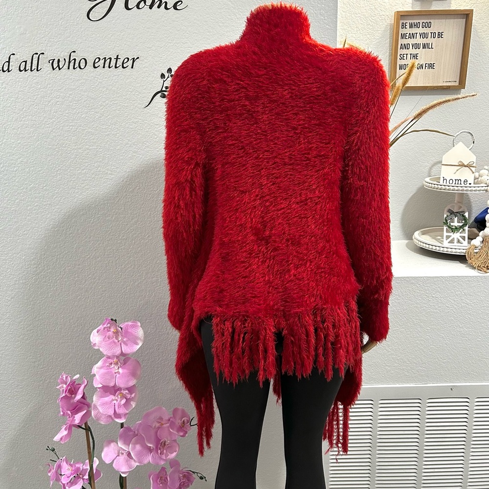 VTG One Size Red Shawl Knitted Tasseled Turkish Hi Low Sweater Cardigan Maaz - Picture 3 of 5